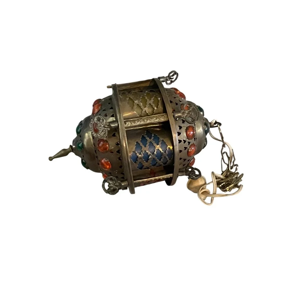 Vintage Moroccan Brass Jeweled Lantern Hanging Swag Lamp Colorful Glass Cabochon